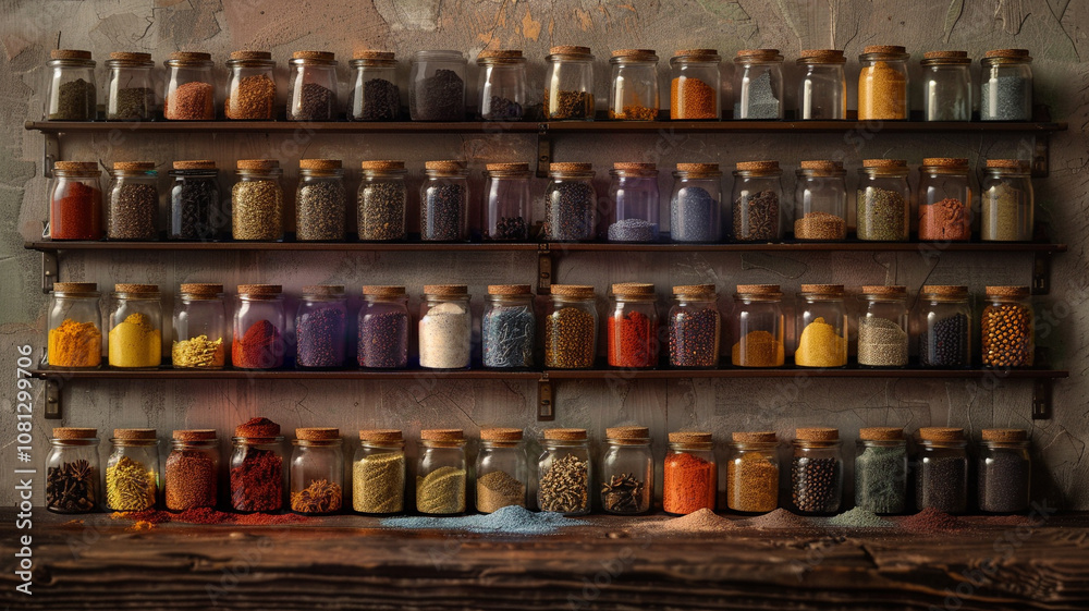 A rustic shelf showcases a variety of colorful spices stored in labeled glass jars, beckoning home cooks to explore their culinary potential. A rustic shelf showcases a variety of colorful spices stored in labeled glass jars, beckoning home cooks to explore their culinary potential.