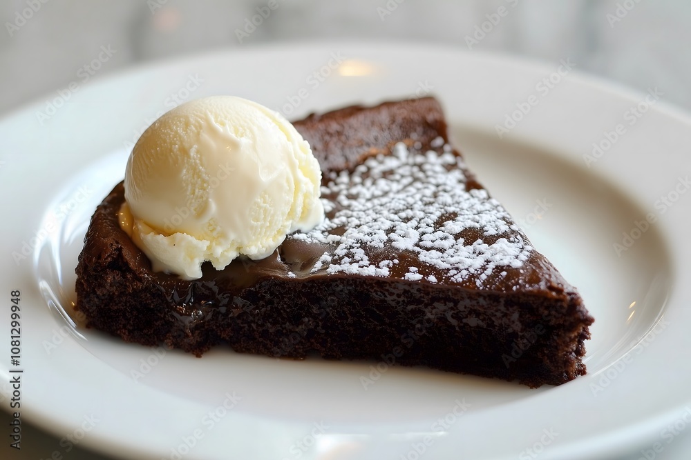 A chocolate brownie topped with vanilla ice cream A chocolate brownie topped with vanilla ice cream