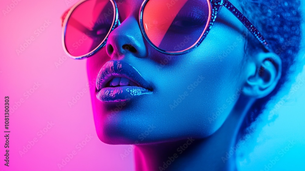 Vibrant neon portrait of woman in sunglasses Vibrant neon portrait of woman in sunglasses