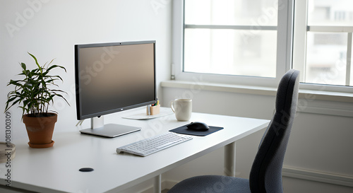 Remote Work, Modern Workspace with Dual Monitors, Plant Decor, and Natural Light