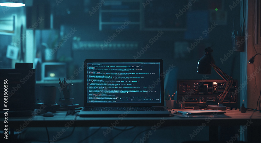 A laptop with code on the screen sits on a desk with a lamp and other office supplies in a dimly lit room A laptop with code on the screen sits on a desk with a lamp and other office supplies in a dimly lit room