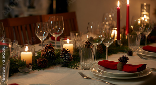 Festive Holiday Dinner Table Setting with Elegant Decor and Candles