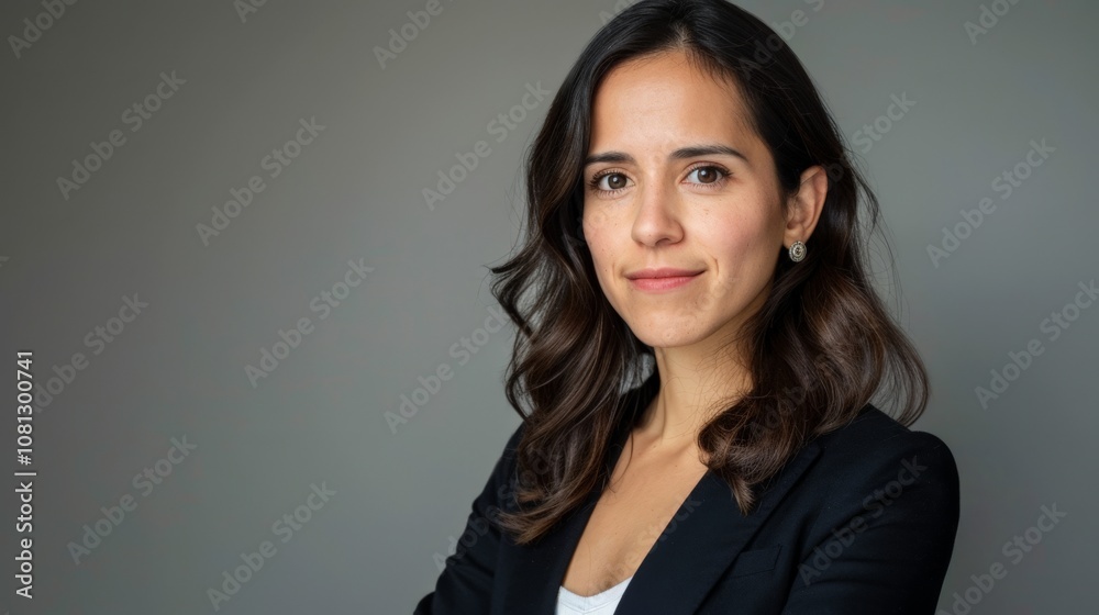 A poised woman with wavy hair stands confidently in a blazer, showcasing professionalism and self-assuredness in a neutral-toned space. Her expression reflects composure and focus A poised woman with wavy hair stands confidently in a blazer, showcasing professionalism and self-assuredness in a neutral-toned space. Her expression reflects composure and focus
