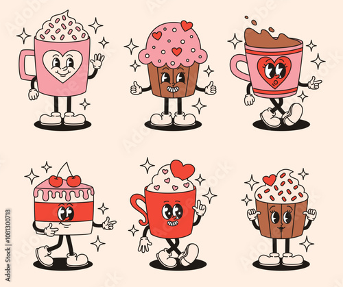 Set of groovy retro characters of sweets and cups of hot chocolate. Flat vector illustration.