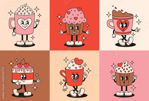 Set of groovy characters of sweets and cups of hot chocolate. Flat vector illustration.