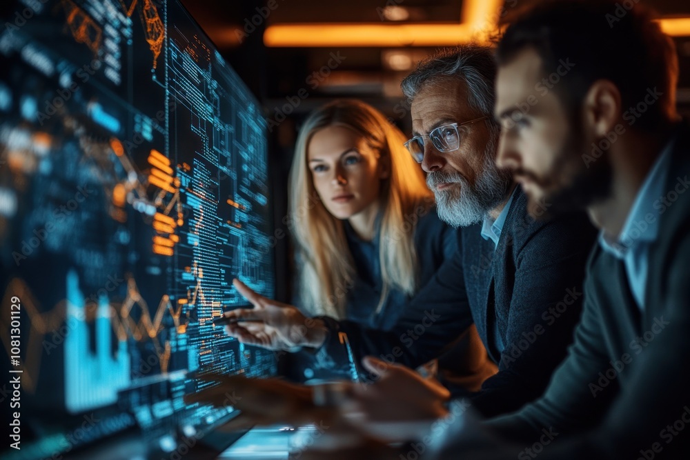 Obraz premium A diverse team of professionals collaborate and analyze data on a large monitor in a dark office.