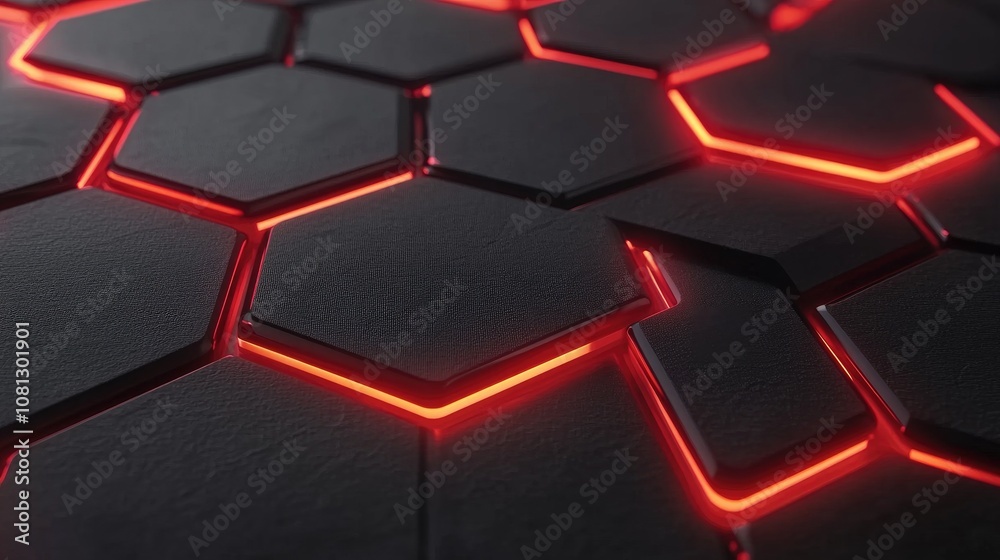 Futuristic Hexagonal Pattern with Glowing Red Edges on Dark Surface, Ideal for Technology Backgrounds, Game Design, and Modern Web Aesthetics Futuristic Hexagonal Pattern with Glowing Red Edges on Dark Surface, Ideal for Technology Backgrounds, Game Design, and Modern Web Aesthetics