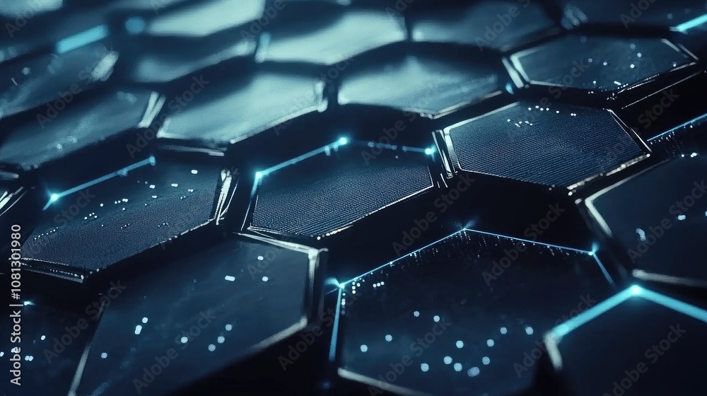 Abstract close-up view of a futuristic hexagonal patterned surface illuminated by glowing blue lights, creating a sense of depth and tech-inspired design elements in a digital environment. Abstract close-up view of a futuristic hexagonal patterned surface illuminated by glowing blue lights, creating a sense of depth and tech-inspired design elements in a digital environment.