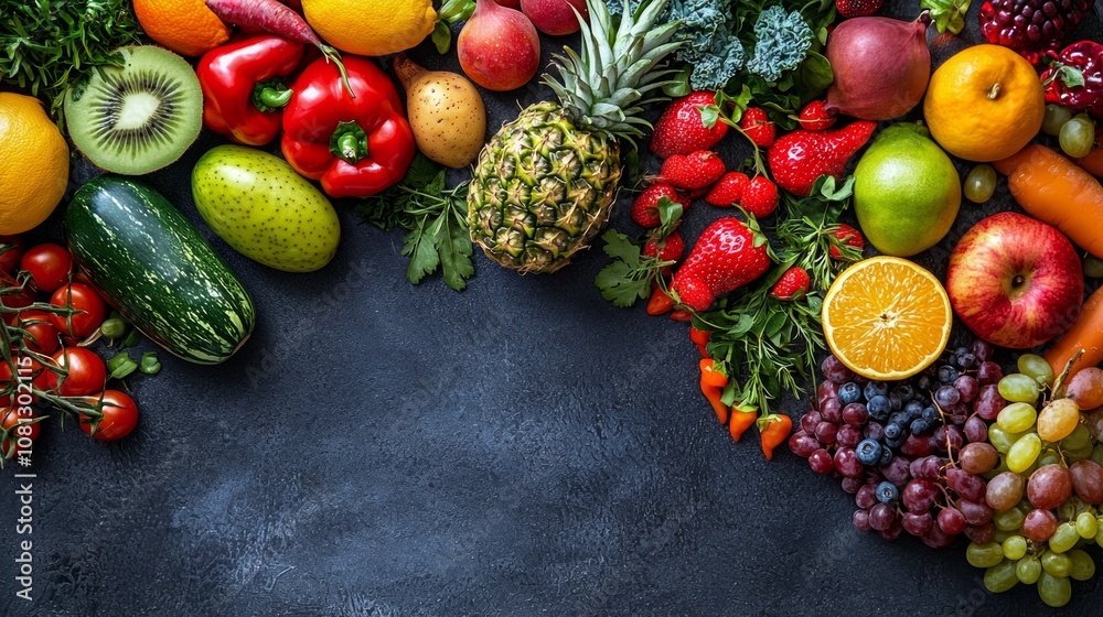Assortment of fresh fruits and vegetables on dark background Assortment of fresh fruits and vegetables on dark background