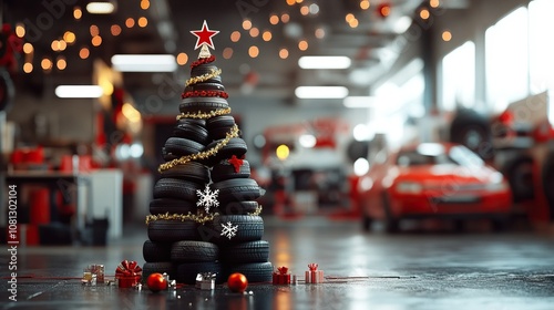 Wallpaper Mural Creative christmas tree made of car tires in festive auto workshop with warm lights for a unique holiday celebration - christmas tree and happy new year Torontodigital.ca