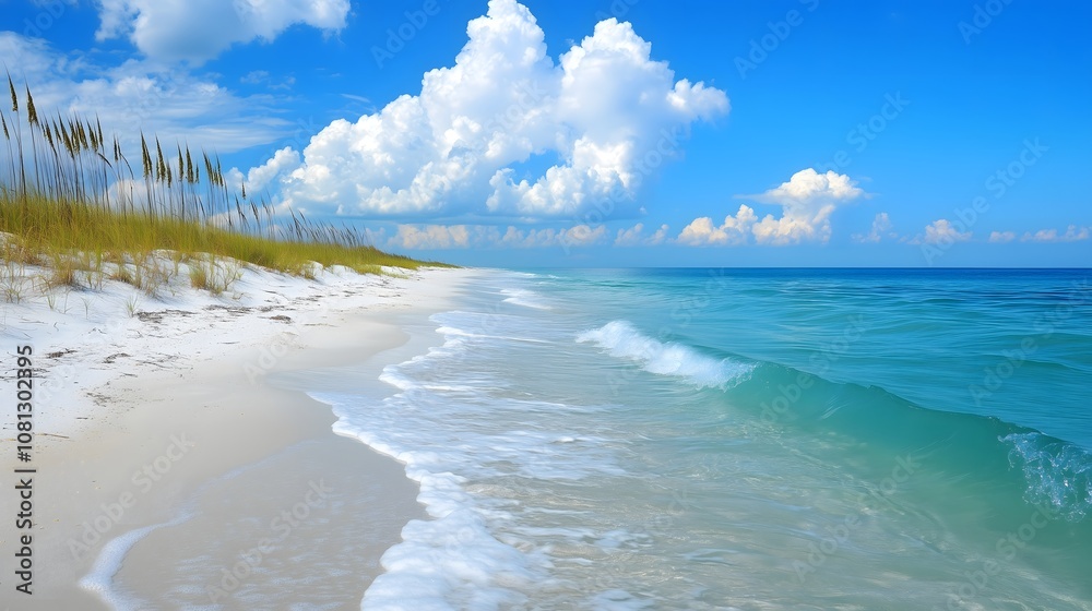 Fototapeta premium Pristine white sand beach with sea oats and turquoise ocean waves under dramatic puffy white clouds and bright blue summer sky, copy space