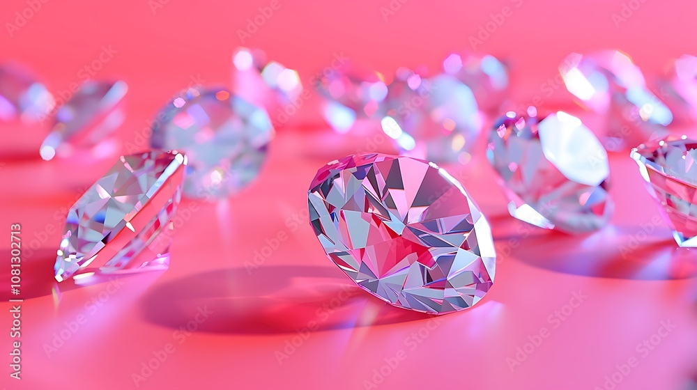 A collection of sparkling diamonds on a pink background, showcasing their brilliance and clarity. A collection of sparkling diamonds on a pink background, showcasing their brilliance and clarity.