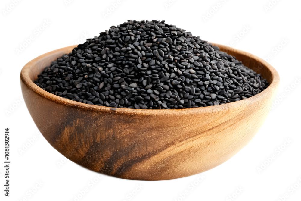 Wooden bowl of black sesame seeds on a transparent background. isolated background. Wooden bowl of black sesame seeds on a transparent background. isolated background.