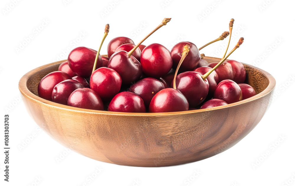 Wooden bowl of cherries on a transparent background. isolated background. Wooden bowl of cherries on a transparent background. isolated background.