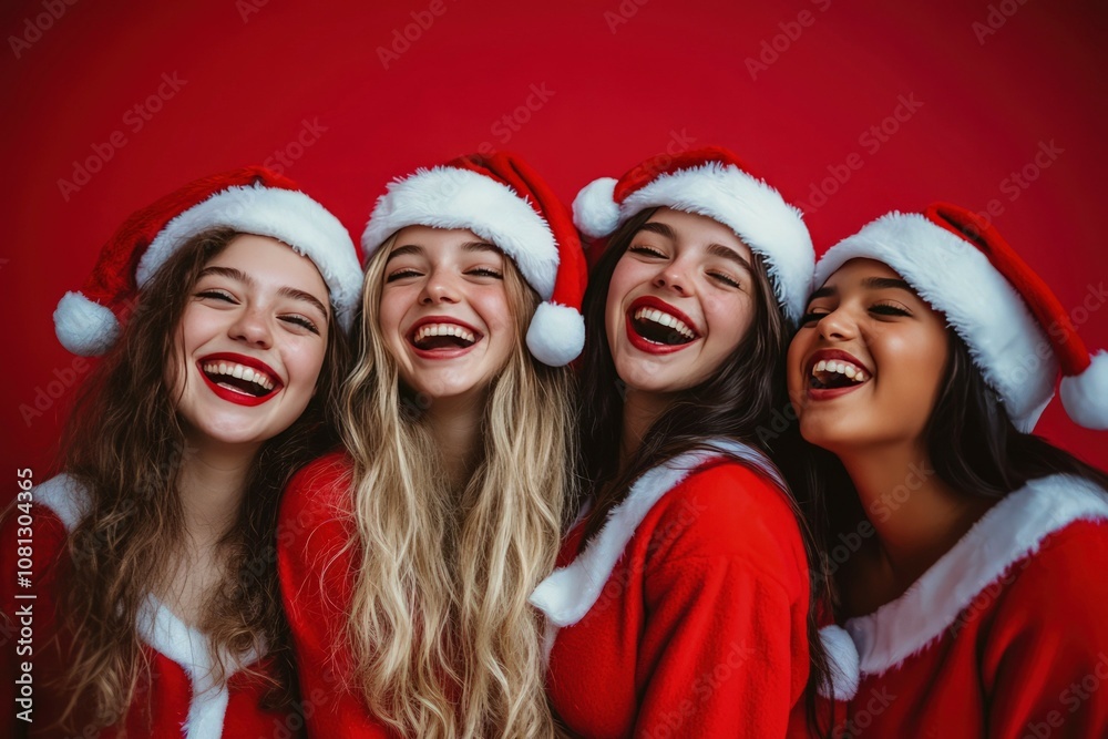 Christmas-themed backdrop with four happy multi-ethnic girls in Santa outfits, surrounded by bright bokeh on a red background, great for festive designs. Christmas-themed backdrop with four happy multi-ethnic girls in Santa outfits, surrounded by bright bokeh on a red background, great for festive designs.