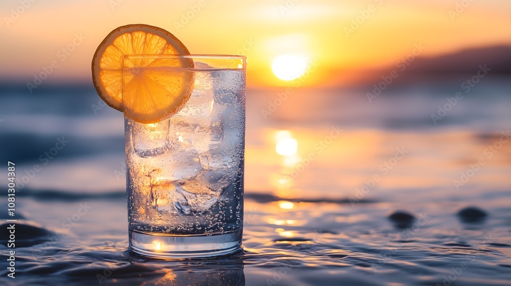 Refreshing glass of iced drink with lemon slice photographed at beach during vibrant orange summer sunset with ocean waves in background, copy space Refreshing glass of iced drink with lemon slice photographed at beach during vibrant orange summer sunset with ocean waves in background, copy space