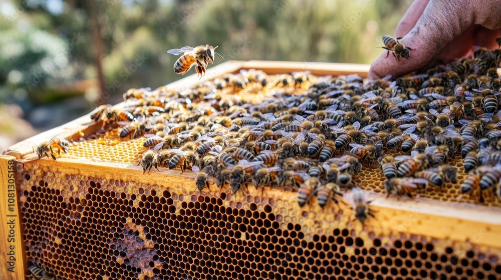 Honey bees on a honeycomb frame. This photo showcases the hard work of bees in a beehive and the beauty of their honeycomb structure. Honey bees on a honeycomb frame. This photo showcases the hard work of bees in a beehive and the beauty of their honeycomb structure.