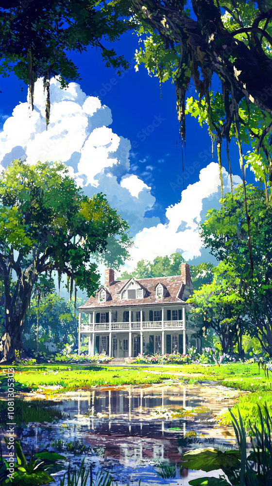 Obraz premium A white, two-story house with a porch, surrounded by lush trees and a pond in the front yard.