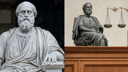 A bust of Plato, a renowned Greek philosopher, stands in a courtroom setting, symbolizing the enduring influence of philosophical thought on law and justice. photo