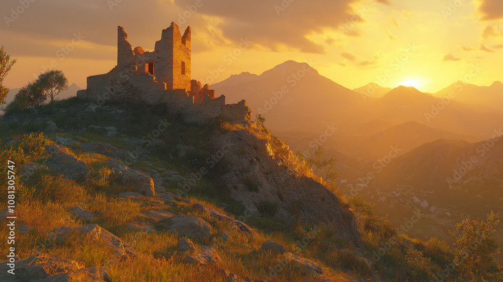 Obraz premium Ruined castle on a hilltop at sunset, with mountains in the background