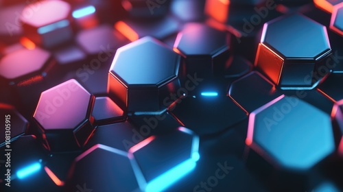 Abstract close-up of colorful hexagonal shapes arranged in a futuristic pattern, showcasing vibrant light reflections and geometric depth in a modern digital setting.