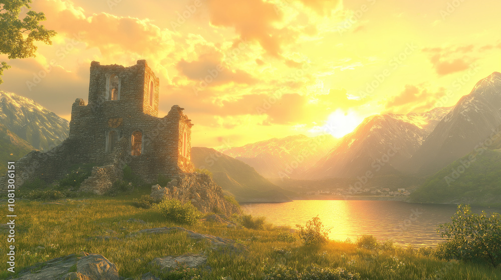 Fototapeta premium A crumbling castle stands atop a hill overlooking a lake at sunset