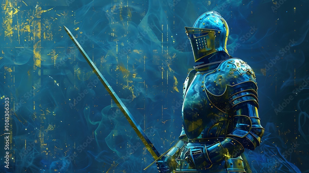 Fototapeta premium A knight in shining armor stands ready with a sword against a mystical blue background.