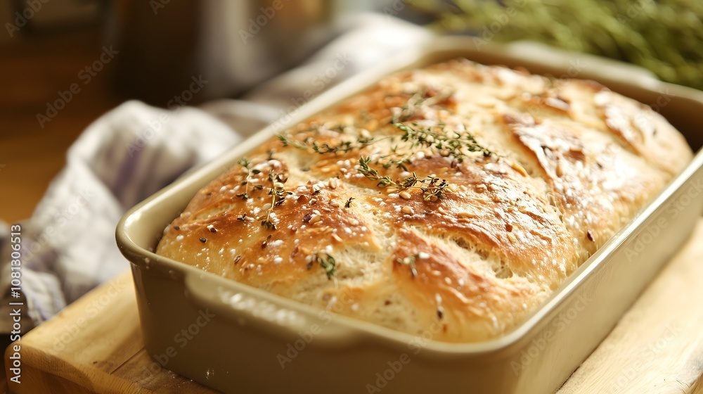 Freshly baked homemade sourdough bread with golden crispy crust and scattered seeds in white ceramic baking pan under natural lighting, copy space Freshly baked homemade sourdough bread with golden crispy crust and scattered seeds in white ceramic baking pan under natural lighting, copy space