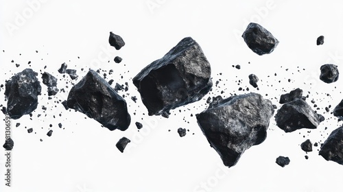 A dynamic display of floating rocks in motion.