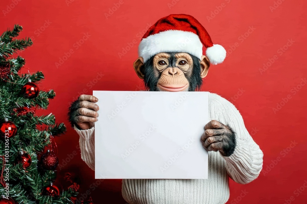 Naklejka premium Festive chimpanzee in cozy sweater and Santa hat with blank sign on red background, ideal for Christmas-themed marketing.