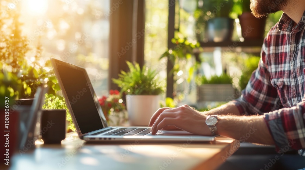 Person working on a laptop surrounded by plants. Person working on a laptop surrounded by plants.