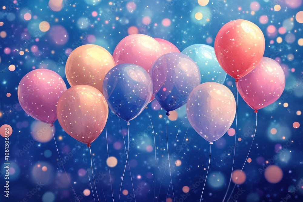 A cluster of colorful balloons with sparkling confetti on a blue background with bokeh lights. A cluster of colorful balloons with sparkling confetti on a blue background with bokeh lights.