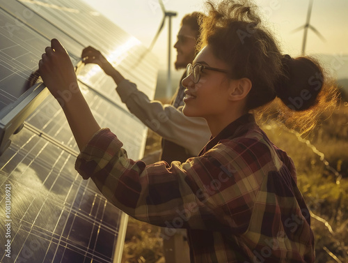 Personas Instalando Paneles Solares en un Entorno Natural y Feliz