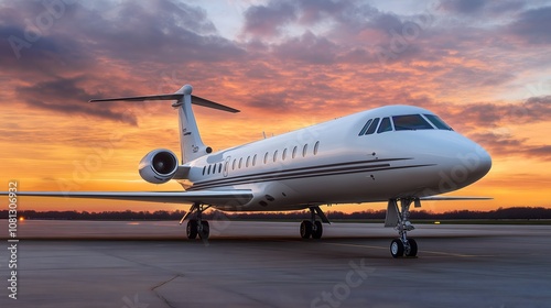 Luxury private business jet parked on airport tarmac during dramatic orange and purple sunset with vibrant clouds, copy space