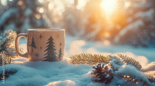 Cozy Winter Morning: Coffee Mug Amidst Snowy Scenery photo