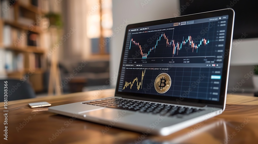 A laptop displaying cryptocurrency charts with a Bitcoin symbol, indicating market analysis. A laptop displaying cryptocurrency charts with a Bitcoin symbol, indicating market analysis.