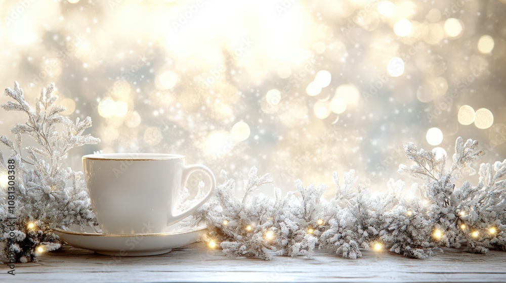Winter Wonderland: Cozy Coffee Cup Amidst Sparkling Snowy Background Winter Wonderland: Cozy Coffee Cup Amidst Sparkling Snowy Background