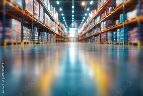 Empty warehouse aisle with shelves. Use this image for articles on logistics, supply chain, or storage.