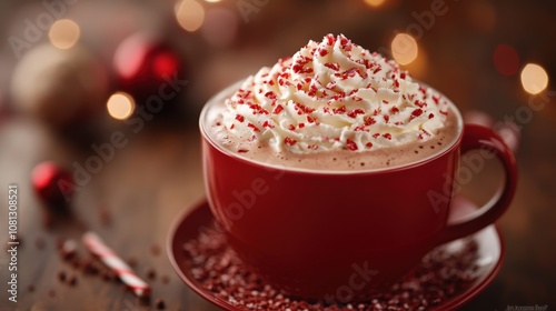 Festive Hot Cocoa with Whipped Cream and Red Sprinkles