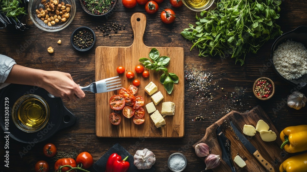Top view of fresh ingredients on a wooden kitchen counter Top view of fresh ingredients on a wooden kitchen counter