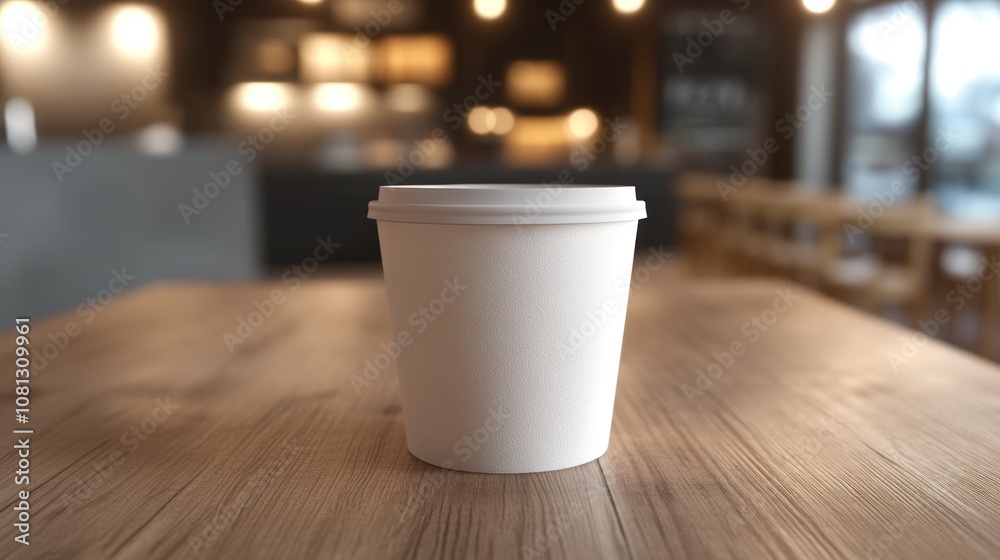 A plain cup on a wooden table in a cozy café setting. A plain cup on a wooden table in a cozy café setting.