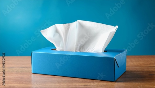 blue cardboard box with white tissues on wooden table hygienic product facial napkins