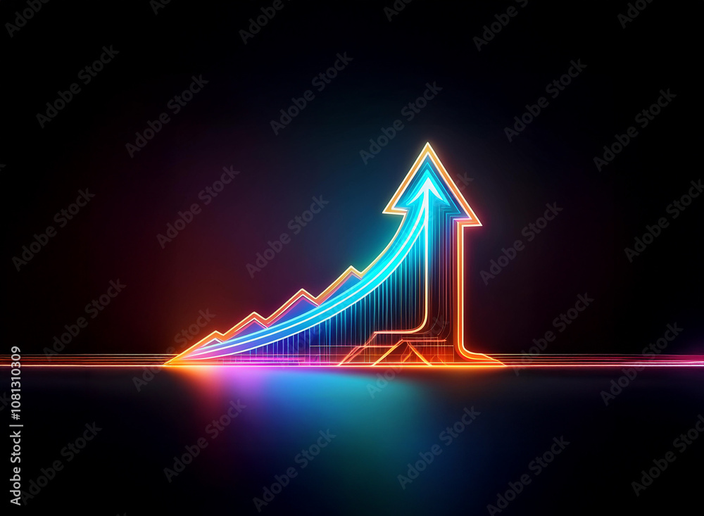 A glowing neon arrow points upward against a dark background, signifying growth and progress.