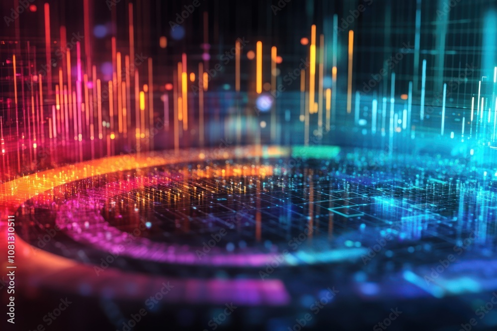 Abstract digital data visualization with glowing lines and circles in a dark background. Abstract digital data visualization with glowing lines and circles in a dark background.