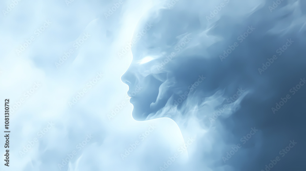Ghostly apparition of a woman emerging from swirling mist ethereal and mysterious with soft glowing edges and translucent features. Phantasm. Illustration Ghostly apparition of a woman emerging from swirling mist ethereal and mysterious with soft glowing edges and translucent features. Phantasm. Illustration