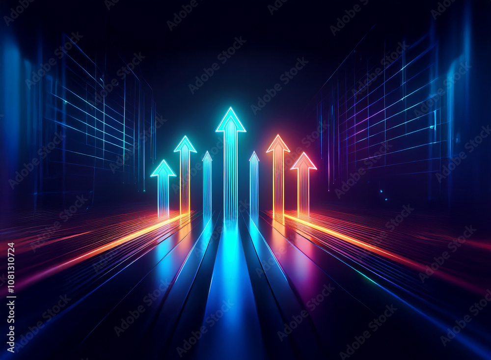 Five glowing neon arrows point upwards in a futuristic, digital, and abstract design. The arrows are set in a dark environment with lines of light in the background. Five glowing neon arrows point upwards in a futuristic, digital, and abstract design. The arrows are set in a dark environment with lines of light in the background.