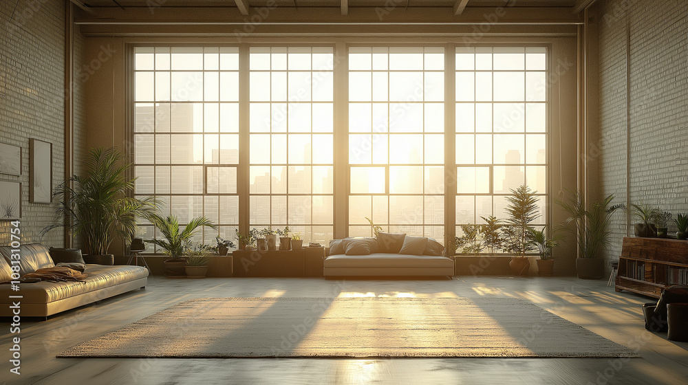 Large room with big windows, sunlight streaming in, showing a city view Large room with big windows, sunlight streaming in, showing a city view