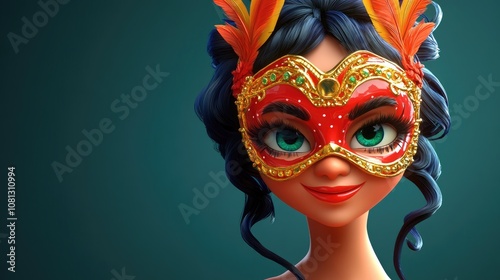 Colorful 3D Cartoon of a Charming Young Woman in a Red Carnival Mask