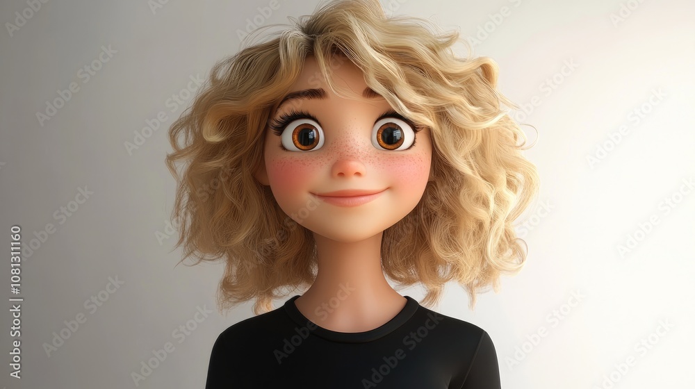 Portrait of a cheerful young blonde woman with gorgeous curly hair wearing a black T shirt against a plain white background showcasing beauty and vibrant emotions Portrait of a cheerful young blonde woman with gorgeous curly hair wearing a black T shirt against a plain white background showcasing beauty and vibrant emotions