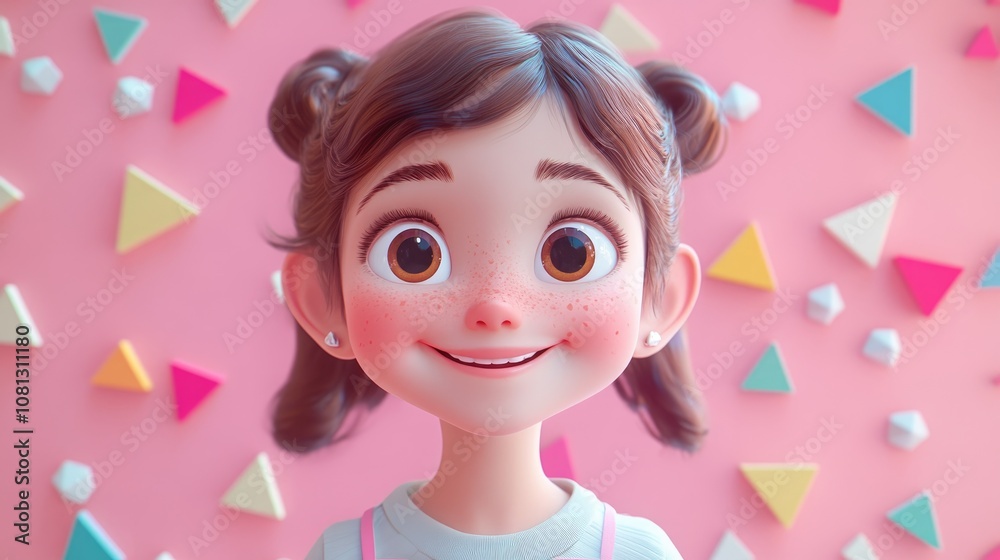 Portrait of a smiling girl inviting for a hug against a pastel pink background adorned with playful triangle decorations Portrait of a smiling girl inviting for a hug against a pastel pink background adorned with playful triangle decorations